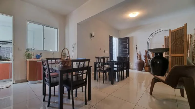 Dining features: dining table with 6 black chairs, white tiled flooring, cream painted walls, large window with natural light, decorative wall screen, vase on the floor, wooden door, open layout to kitchen, artistic wall decor, potted plant; style: modern. Kitchen features: kitchen cabinetry in wood finish, stainless-steel sink, kitchen countertop, cooking stove, kitchen appliances visible, tile backsplash; style: modern.