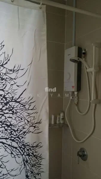 Bathroom features: white shower curtain with tree branch design, wall-mounted shower head, handheld shower, water heater unit, shower shelf with toiletries, tiled walls, tile flooring, chrome faucet.