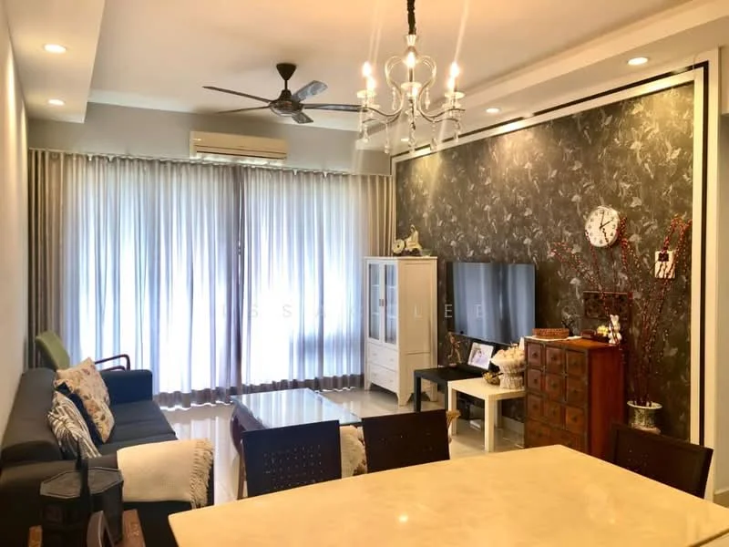 Living features: 3-seater fabric sofa in black, 2-seater fabric sofa in grey, coffee table with marble top, TV console, wall-mounted TV, decorative wall clock, chandelier with multiple bulbs, ceiling fan with light, floor-to-ceiling windows with sheer curtains, wooden side table, decorative cabinet, area rug with geometric pattern; style: modern.