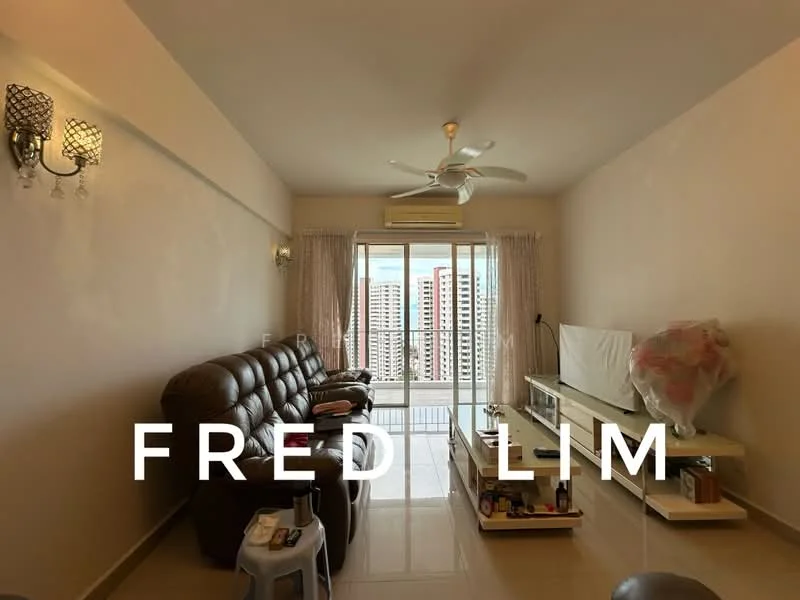 Living features: 3-seater brown leather sofa, white TV console, wall-mounted TV, ceiling fan with light, floor-to-ceiling windows, sheer curtains, light-colored walls, tile flooring, decorative wall sconces, coffee table, area rug; style: modern; view: city.
