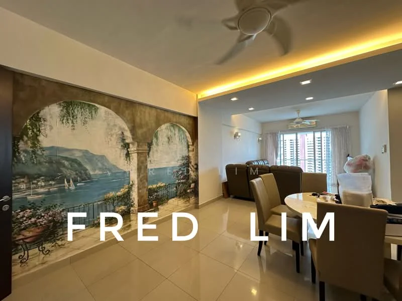Living features: cream painted walls, mural with landscape scene, glossy tile flooring, 5-blade ceiling fan, recessed LED downlights, sofa in brown leather, coffee table, curtains, decorative items on table; style: modern.