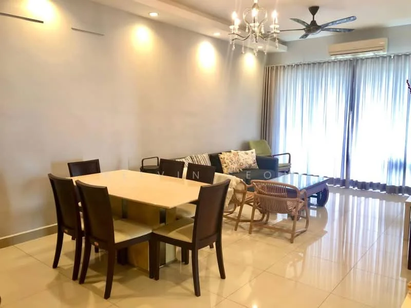 Dining features: 6-seater dining table, brown wooden dining chairs, pendant light fixture, cream painted walls, glossy tile flooring, floor-to-ceiling windows with sheer curtains, sofa with patterned cushions, coffee table, ceiling fan with light, air conditioning unit; style: modern; view: city.