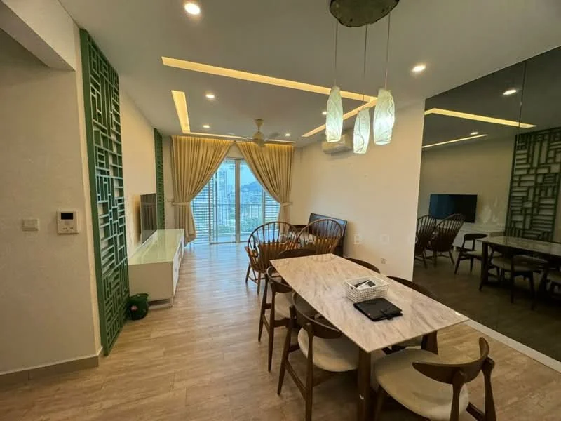 Dining features: wood dining table, 4 upholstered dining chairs, pendant lighting with three glass fixtures, floor-to-ceiling windows, curtains, green accent wall with geometric pattern, light wood flooring, wall-mounted TV, mirror wall, air conditioning unit; style: modern; view: city.