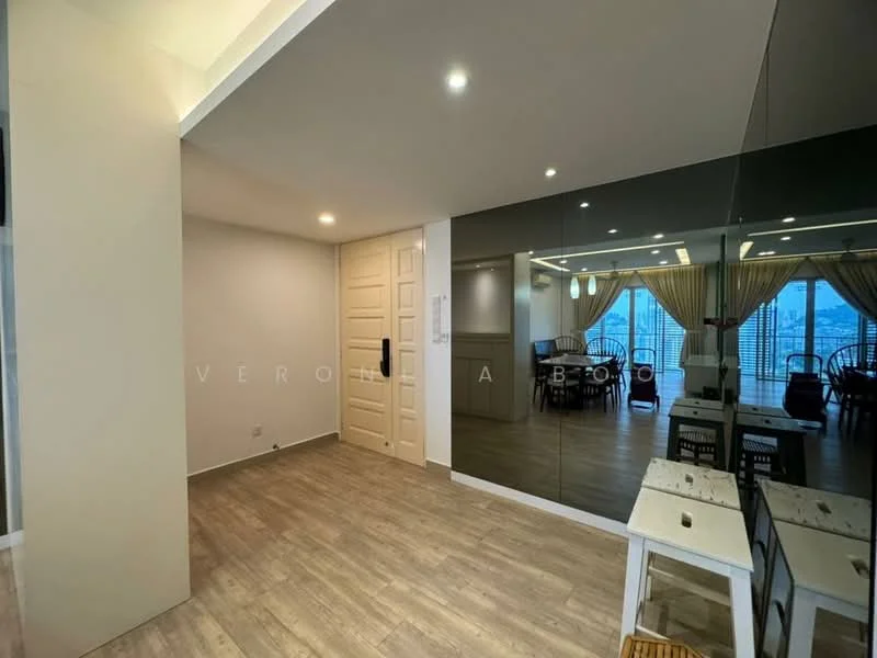 Room features: light wood laminate flooring, white painted walls, mirrored wall, recessed downlights, floor-to-ceiling windows, curtains, dining area visible in background, open layout; style: modern; view: city.