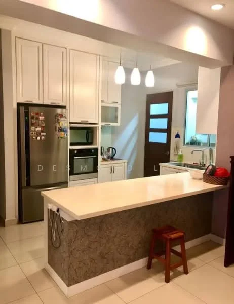 Kitchen features: white shaker cabinets, stainless-steel fridge, built-in oven, freestanding range oven, white countertop, pendant lighting, tile flooring, single-bowl stainless-steel sink, chrome pull-down faucet, kitchen island with seating, window with natural light, decorative wall paneling; style: modern.