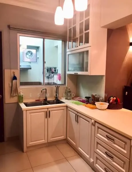 Kitchen features: white shaker cabinets, granite countertop, single-bowl stainless-steel sink, chrome pull-down faucet, built-in oven, stainless-steel range hood, ceramic tile flooring, recessed downlights, window with sheer curtains, kitchen island, colorful dishware, kitchen utensils, laundry area visible through window; style: modern.