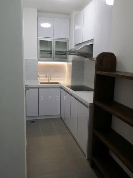 Kitchen features: white cabinetry, stainless-steel sink, chrome pull-down faucet, white subway tile backsplash, built-in oven, stainless-steel range hood, ceramic tile flooring, recessed downlights, countertop with integrated cooktop, open shelving, under-cabinet lighting; style: modern.