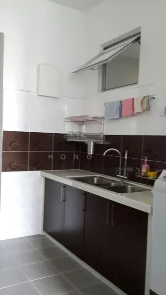 Kitchen features: white painted walls, brown tiled backsplash, grey tile flooring, double-bowl stainless-steel sink, chrome pull-down faucet, wall-mounted cabinet, open shelving, dish rack, kitchen countertop, window above sink; style: modern.