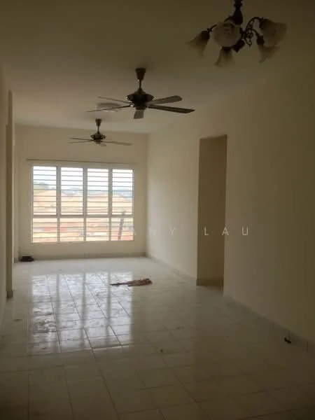 Living features: white painted walls, ceramic tile flooring, 5-blade ceiling fan with light, 5-blade ceiling fan with light, floor-to-ceiling windows, horizontal window grills, natural light from windows, neutral color scheme.