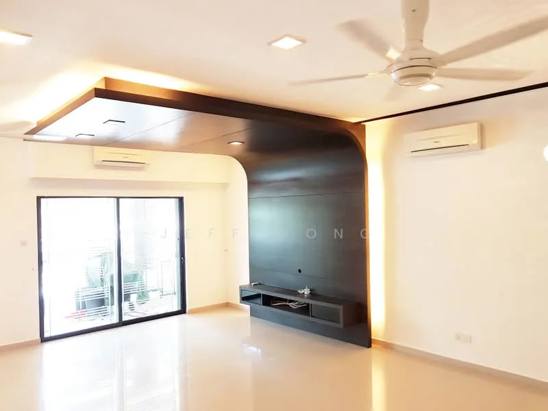 Living features: white painted walls, polished tile flooring, tray ceiling with recessed lighting, 5-blade ceiling fan with light, floor-to-ceiling sliding glass door, black feature wall with TV console, 2 wall-mounted split AC units, natural light from sliding door; style: modern.