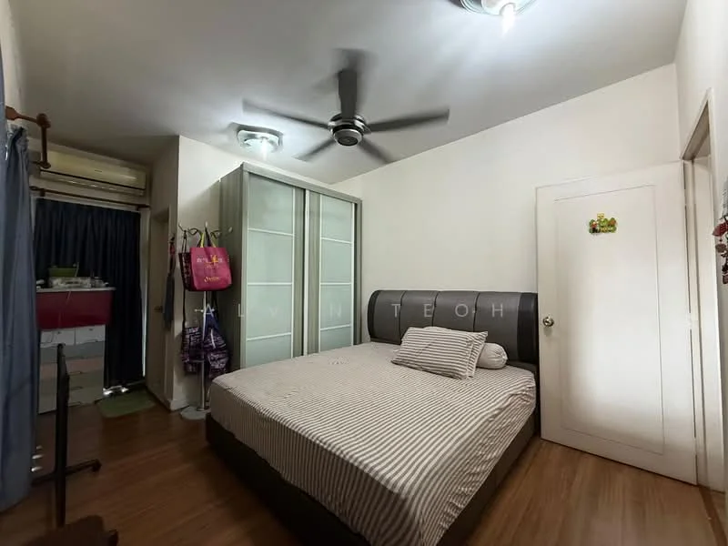 Bedroom features: queen-size bed with striped bedding, upholstered headboard, 2 bedside pillows, ceiling fan with light, built-in wardrobe with sliding doors, wooden flooring, wall-mounted air conditioning unit, decorative wall art, curtains, door with handle; style: modern.