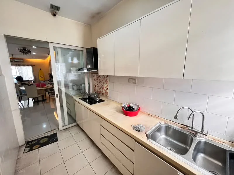 Kitchen features: white cabinetry, laminate countertop, double-bowl stainless-steel sink, chrome pull-down faucet, built-in gas hob, exhaust hood, white tiled backsplash, ceramic tile flooring, wall-mounted cabinets, open shelving, window with sheer curtains; style: modern. Room features: dining area visible, light-colored walls, recessed lighting, floor-to-ceiling windows, dining table with chairs.