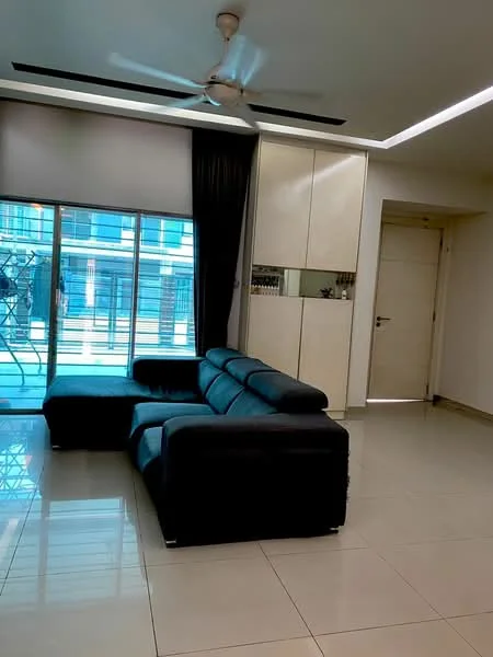 Living features: black leather sectional sofa, white tiled flooring, floor-to-ceiling windows, black curtains, recessed LED downlights, ceiling fan, built-in cabinetry, glass panel partition; style: modern.