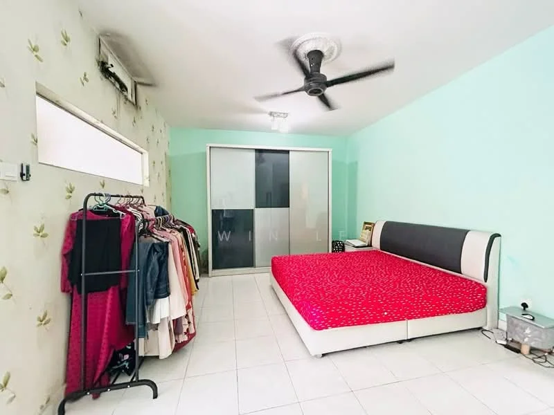 Bedroom features: queen-size bed with red patterned bedspread, sliding wardrobe with mirrored doors, white tiled flooring, light green painted walls, ceiling fan with light, wall-mounted air conditioning unit, clothes rack with hanging garments, window with sheer curtains; style: modern.