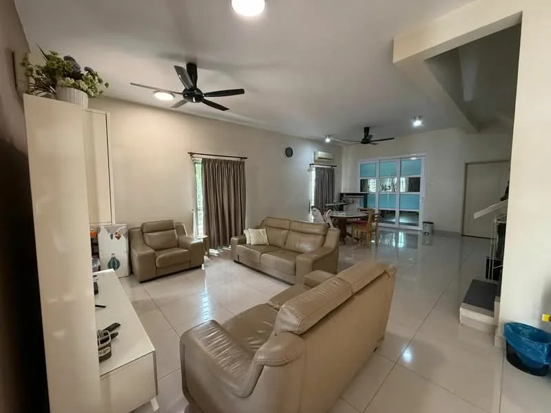 Living features: cream leather sofa, 2-seater leather sofa, 3-seater leather sofa, coffee table, ceiling fan, recessed downlights, wall-mounted TV console, large windows with sheer curtains, white tiled flooring, neutral painted walls; style: modern. Dining features: dining table, dining chairs, open layout to living area; style: modern.