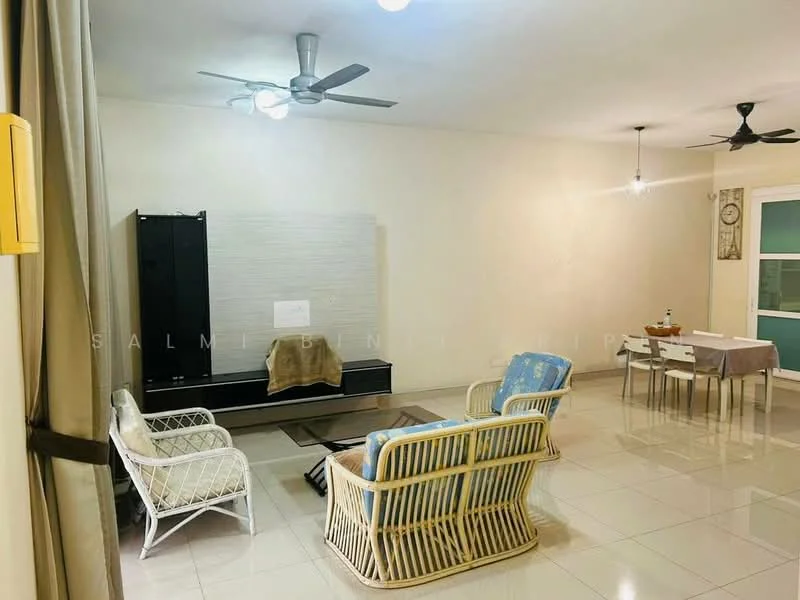 Living features: white painted walls, glossy tile flooring, 5-blade ceiling fan with light, 2-seater rattan sofa, 3-seater rattan sofa, TV console, wall-mounted TV, dining table with 4 chairs, decorative wall clock, pendant light, large windows with sheer curtains; style: modern.