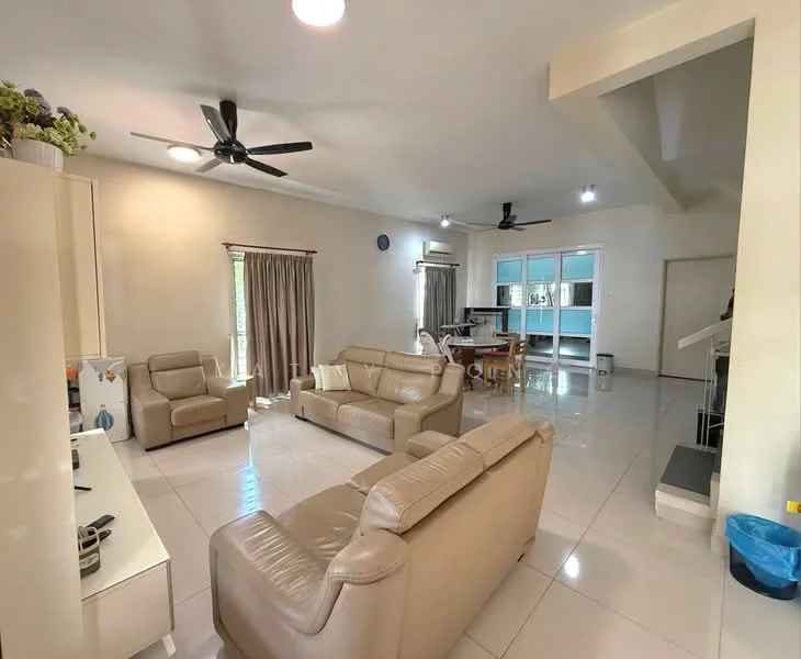 Living features: cream leather sofa, 2-seater leather sofa, 3-seater leather sofa, white TV console, recessed downlights, ceiling fan, large windows with sheer curtains, white tiled flooring, dining table with chairs, open layout, wall-mounted TV, decorative plants; style: modern.