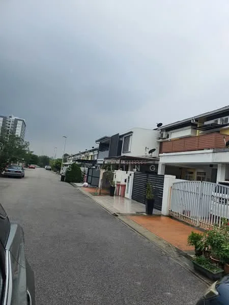 Exterior type: linked terrace house; features: two-storey linked terrace houses, white painted facade, balconies on upper floors, paved driveway, manicured landscaping, front yard with planters, visible car parking, street view with trees, grey overcast sky; style: modern.
