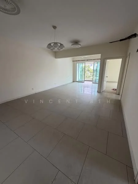 Living features: large floor tiles, neutral wall color, recessed ceiling lights, ceiling fan, sliding glass door, floor-to-ceiling windows, natural light, open layout, access to balcony, view of greenery; style: modern; view: garden.