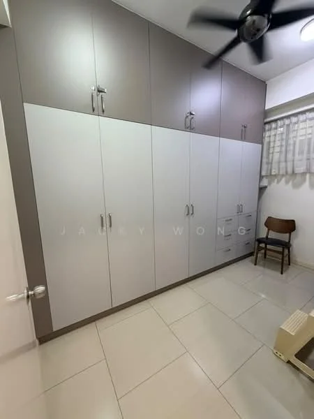 Room features: built-in cabinets with grey and white finish, ceramic tile flooring, ceiling fan, window with sheer curtains, single wooden chair; style: modern.