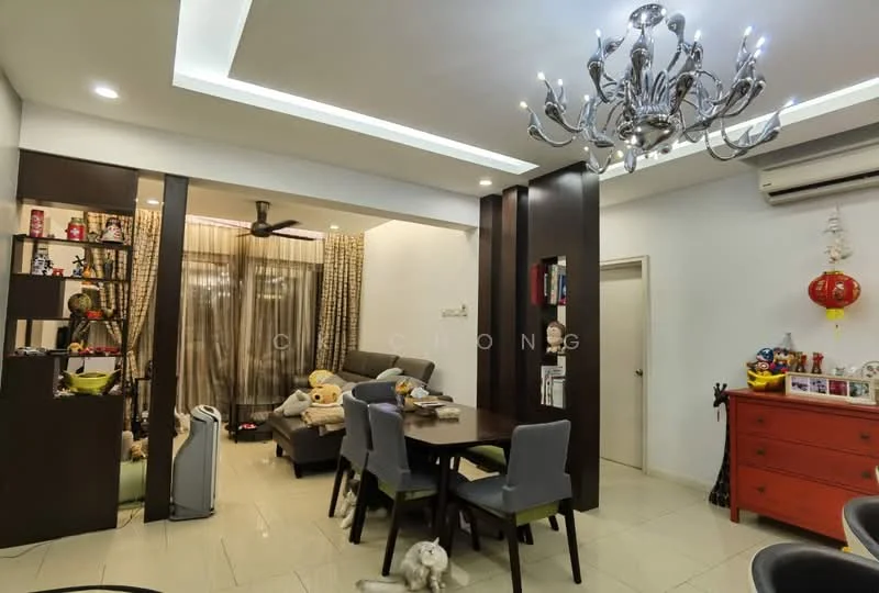 Living features: cream painted walls, white ceiling with recessed lighting, 5-blade ceiling fan, chandelier with multiple bulbs, dark wood dining table, 4 grey upholstered dining chairs, black shelving unit with decorative items, light-colored tiled flooring, curtains with a floral pattern, decorative red cabinet, stuffed animals on the sofa, wall-mounted air conditioning unit; style: modern.