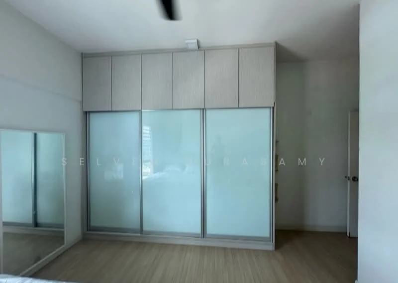 Bedroom features: built-in wardrobe with sliding glass doors, light wood cabinetry, mirror on wall, light-colored walls, laminate flooring, ceiling light fixture, window with natural light, minimalist decor; style: modern.