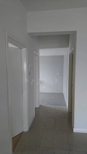 Hallway features: white painted walls, tile flooring, doorway to adjacent rooms, neutral color scheme, recessed lighting, wide corridor, smooth ceiling, baseboards; style: modern.
