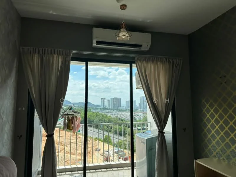 Room features: floor-to-ceiling windows, curtains, wall-mounted split AC, decorative light fixture, grey painted walls, gold geometric accent wall, wooden flooring, balcony access; view: city.