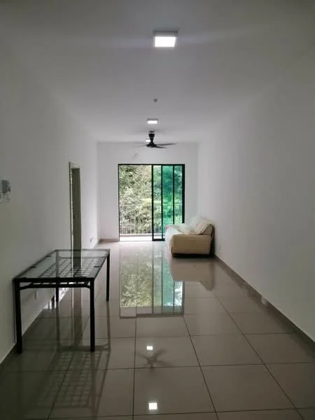 Living features: white painted walls, glossy ceramic tile flooring, 5-blade ceiling fan with light, floor-to-ceiling windows, sliding glass door, sofa in cream color, glass coffee table, natural light from windows, view of greenery; style: modern; view: garden.