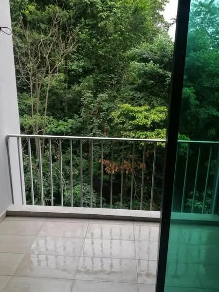 Room features: sliding glass door, balcony with railing, tile flooring, greenery view; view: garden.