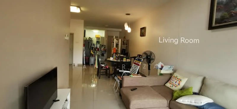 Living features: cream painted walls, glossy tile flooring, 3-seater fabric sofa in beige, coffee table, wall-mounted TV, ceiling light fixture, floor fan, decorative painting on wall, open layout to dining area; style: modern.