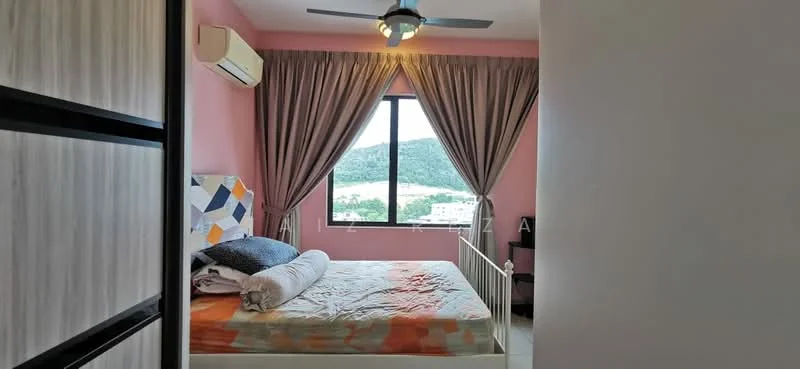 Bedroom features: queen-size bed, upholstered headboard, bedside lamps, built-in wardrobe with sliding doors, floor-to-ceiling window, curtains, air conditioning unit, mountain view, decorative wall with pink paint, tile flooring, ceiling fan with light; style: modern; view: mountain.