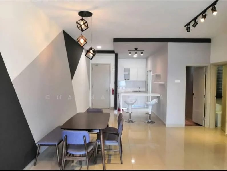 Dining features: dining table with four chairs, pendant lighting with geometric design, grey upholstered chairs, black and white accent wall, polished tile flooring, open layout to kitchen, bar stools at kitchen counter, recessed lighting, wall-mounted cabinetry, neutral wall color; style: modern. Kitchen features: white cabinetry, kitchen counter with bar stools, stainless-steel appliances, open layout to dining area; style: modern.