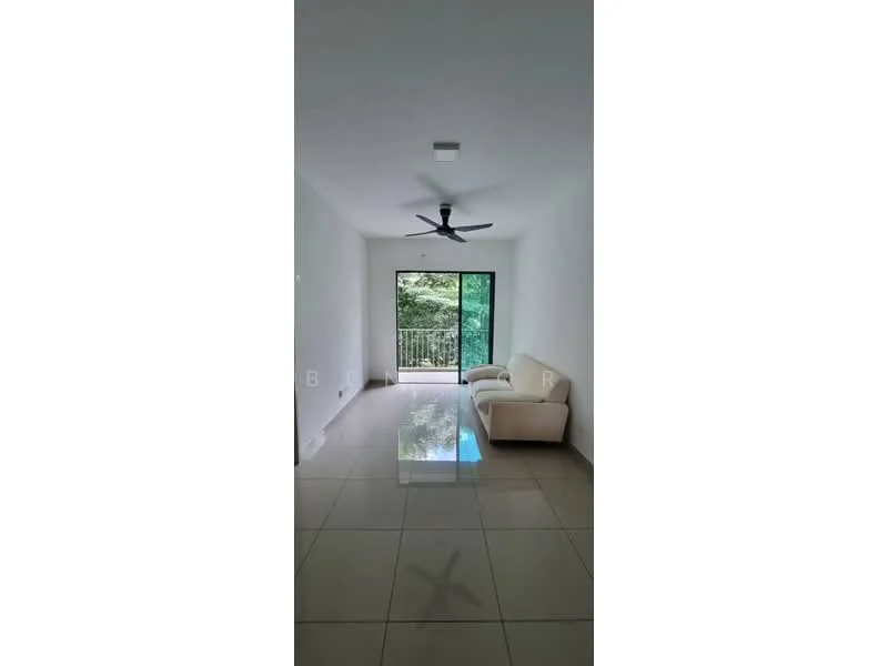 Living features: white painted walls, glossy tile flooring, 5-blade ceiling fan with light, large sliding glass door, balcony access, neutral-colored sofa, natural light from windows, minimalist decor; style: modern; view: garden.