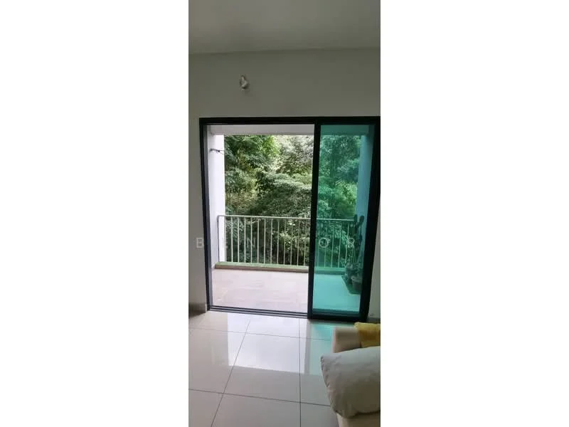 Room features: sliding glass door, floor-to-ceiling windows, white painted walls, tile flooring, balcony with railing, view of greenery; view: garden.
