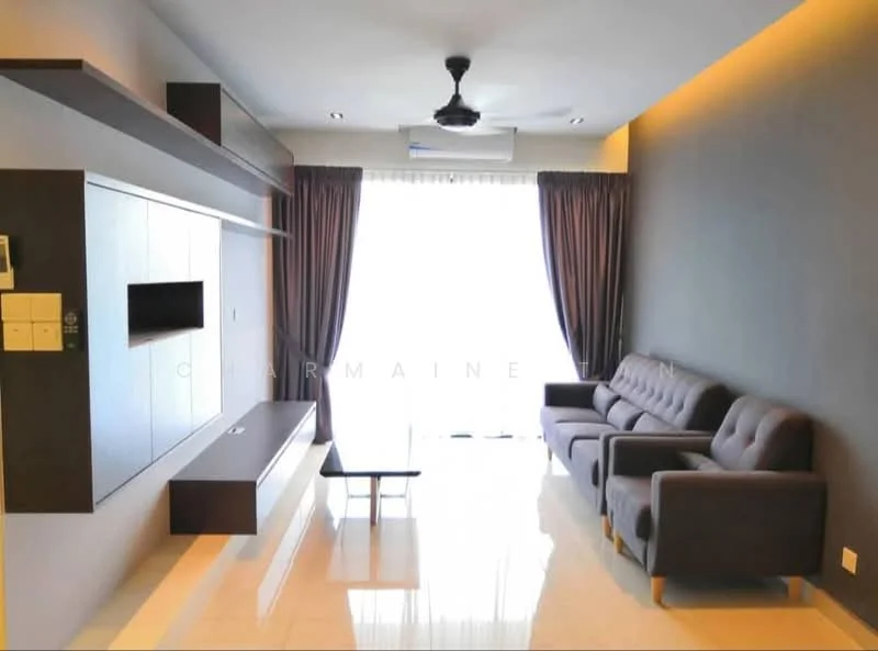 Living features: 3-seater fabric sofa in grey, 2-seater fabric sofa in grey, glass coffee table, wall-mounted TV, floating TV console, recessed downlights, ceiling fan, floor-to-ceiling windows with sheer curtains, cream painted walls, glossy tile flooring; style: modern.