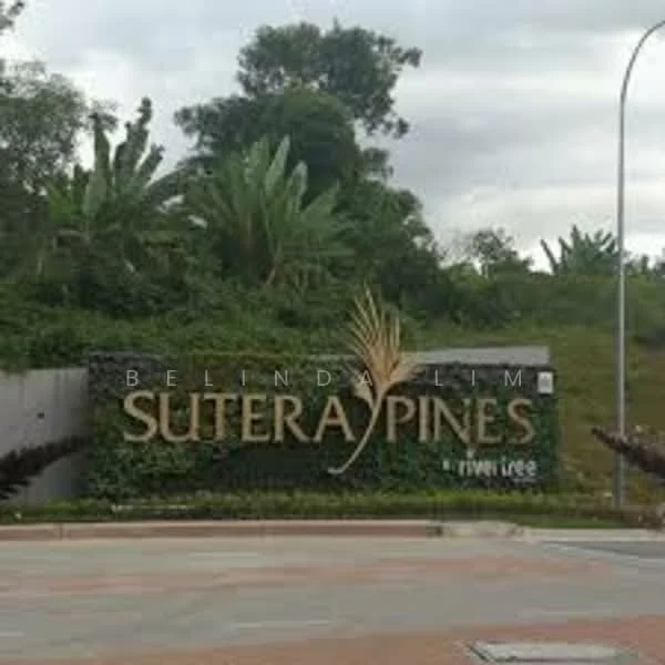 Exterior features: landscape garden, signage with name 'Sutera Pines', paved driveway, surrounding greenery, decorative plants, street lighting; style: modern.