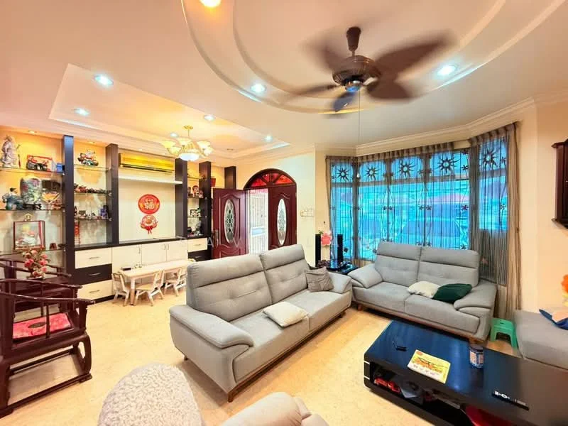 Living features: 5-blade ceiling fan with light, recessed downlights, sofa in light grey fabric, 2-seater sofa, 3-seater sofa, coffee table, TV console, wall-mounted TV, decorative shelving unit, curtains with floral pattern, cream tiled flooring, crown moulding on ceiling, large windows with decorative grills; style: modern. Dining features: 6-seater dining table, white dining chairs, decorative display cabinet, wall-mounted decorative items; style: modern.