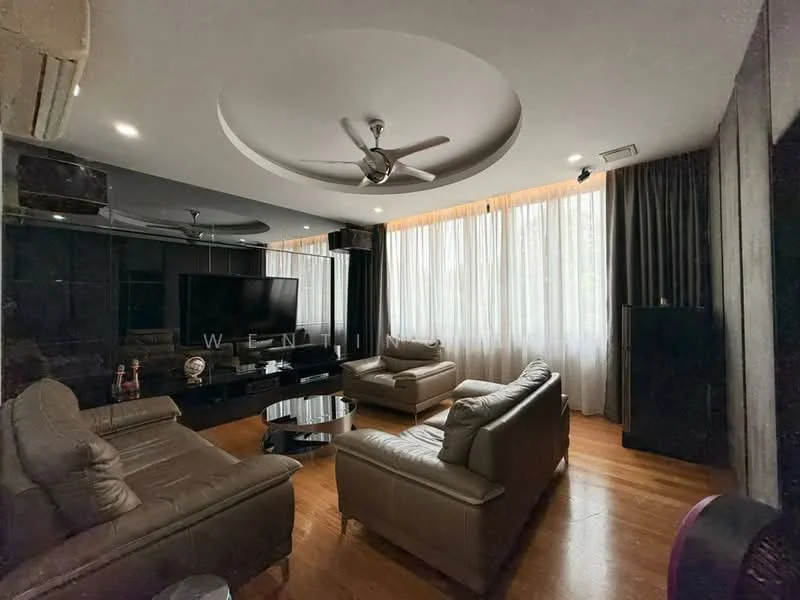 Living features: 5-blade ceiling fan with light, recessed downlights, black accent wall, large floor-to-ceiling windows with sheer curtains, light brown leather sofa, 2-seater leather sofa, black coffee table, TV console with wall-mounted TV, wooden flooring, decorative wall art, curtains, air conditioning unit; style: modern.