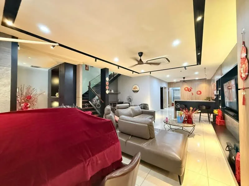 Living features: 3-seater leather sofa in grey, 2-seater leather sofa in grey, coffee table, wall-mounted TV, entertainment unit, recessed downlights, ceiling fan, marble tile flooring, decorative wall art, open-plan layout, decorative plants, feature wall with dark finish; style: modern. Dining features: dining table, upholstered dining chairs, decorative centerpieces; style: modern.
