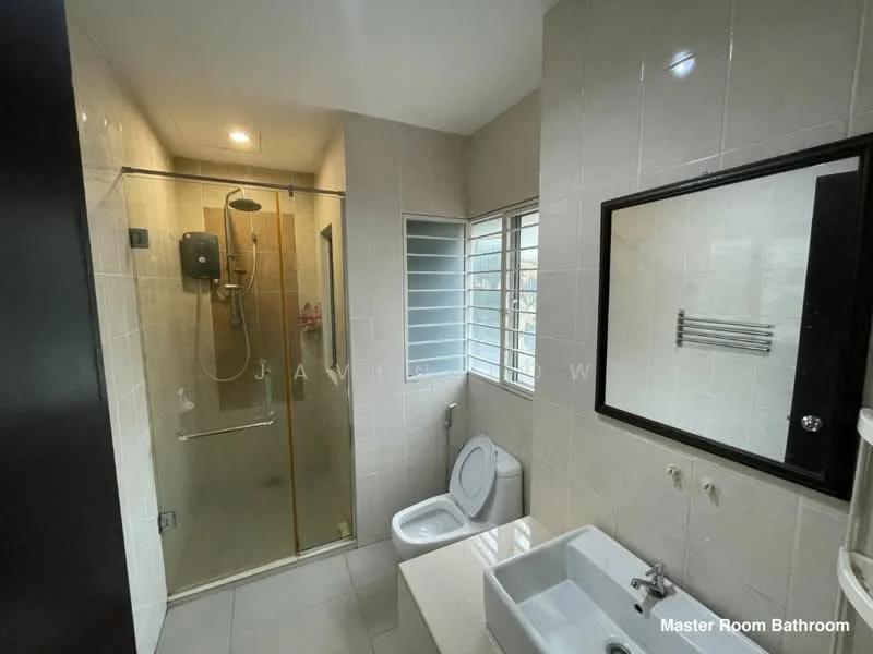 Bathroom features: white tiled walls, cream tiled flooring, walk-in shower with glass enclosure, rain shower head, toilet, single-sink vanity with white cabinet, framed mirror, window with horizontal bars, shower control panel, towel rack; style: modern.