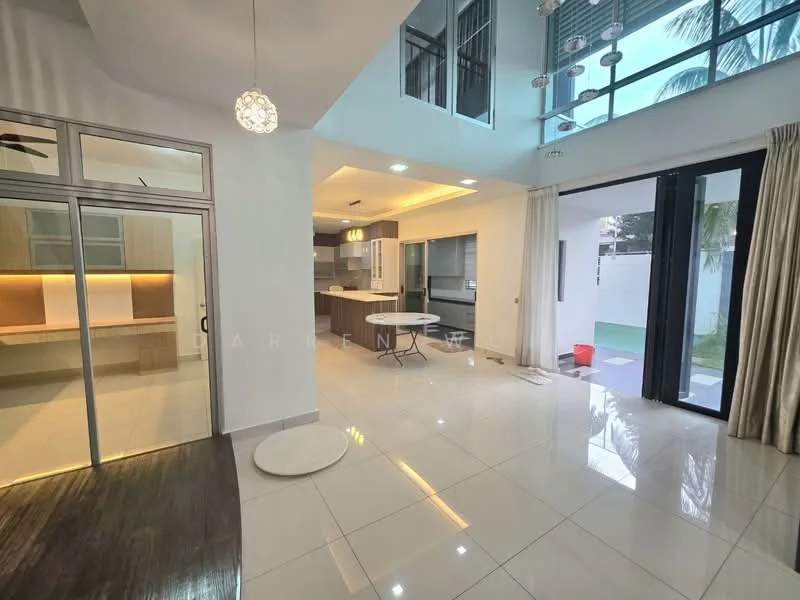 Living features: white painted walls, glossy tile flooring, 5-blade ceiling fan with light, recessed downlights, large sliding glass door, floor-to-ceiling windows, open layout, natural light from windows, decorative pendant lights; style: modern; view: garden. Kitchen features: wood cabinetry, stainless-steel appliances, kitchen island, granite countertop, recessed lighting, open-plan layout with living area; style: modern.