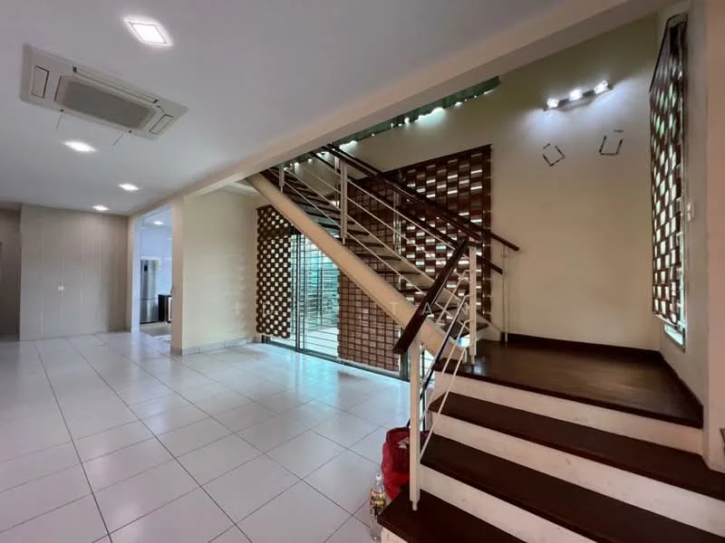 Room features: white painted walls, tile flooring, staircase with wooden steps, metal railing, recessed downlights, wall-mounted split AC, large glass sliding doors, decorative wooden lattice wall, open layout, natural light from windows; style: modern.