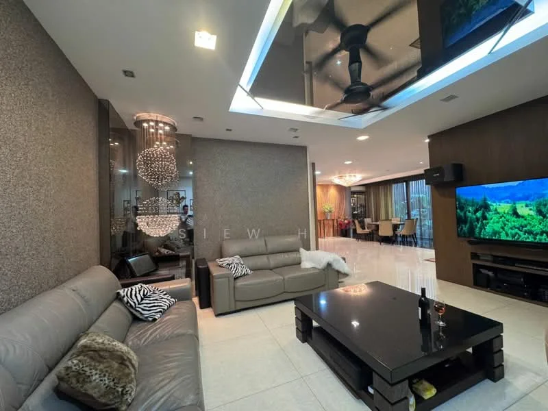 Living features: 3-seater leather sofa in grey, 2-seater leather sofa in beige, black coffee table, chandelier with multiple bulbs, ceiling fan with light, wall-mounted TV, TV console, decorative wall with textured finish, large windows with view, area rug, wall art, marble flooring, recessed lighting; style: modern.