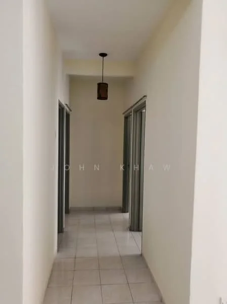 Hallway features: white painted walls, tile flooring, ceiling light fixture, multiple doorways, neutral color scheme, narrow corridor layout; style: modern.