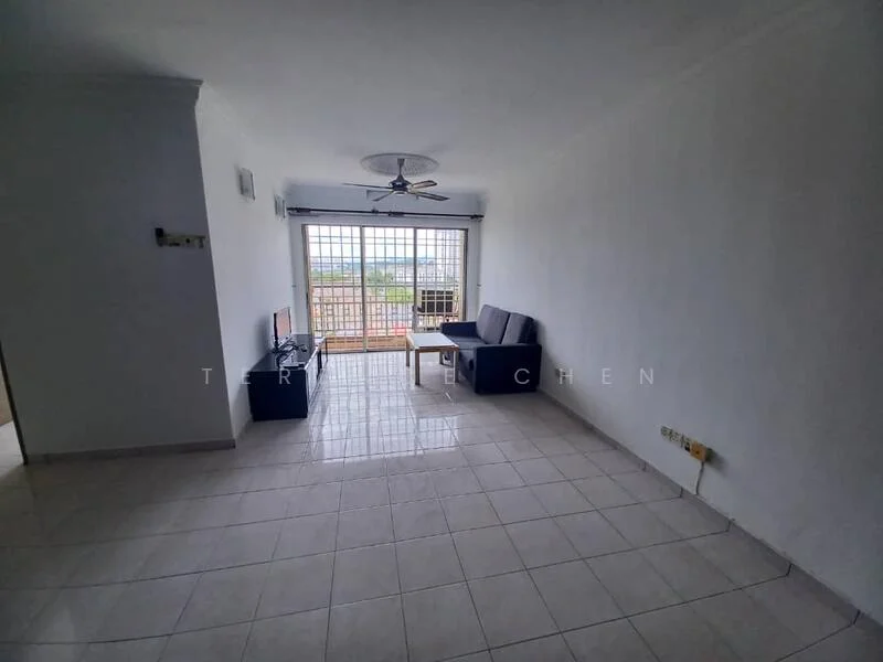 Living features: white painted walls, glossy ceramic tile flooring, 5-blade ceiling fan with light, sofa in grey, TV console, wall-mounted TV, large window with city view, natural light flooding the room; style: modern; view: city.