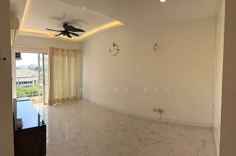 Living features: white painted walls, marble tile flooring, tray ceiling with recessed lighting, 5-blade ceiling fan, floor-to-ceiling windows, sheer curtains, wall clock, decorative wall feature; style: modern; view: city.