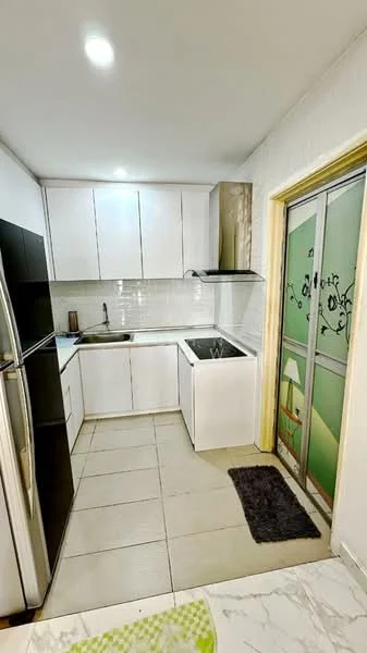 Kitchen features: white cabinetry, stainless-steel fridge, single-bowl stainless-steel sink, chrome pull-down faucet, white countertop, ceramic tile backsplash, built-in oven, 4-burner gas hob, exhaust hood, grey floor tiles, recessed downlights, sliding glass door, black mat; style: modern.