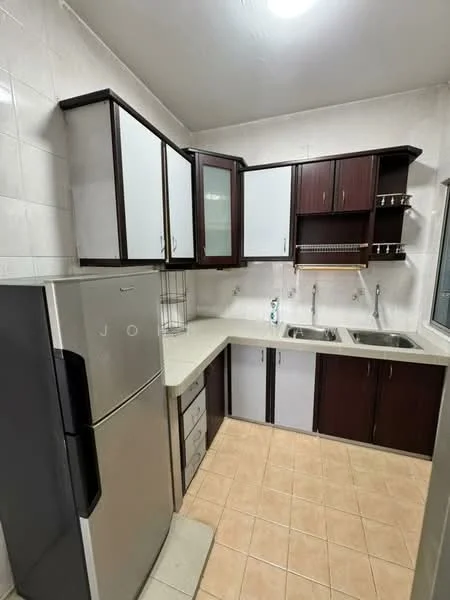 Kitchen features: stainless-steel fridge, double-bowl stainless-steel sink, chrome pull-down faucet, laminate countertop, white cabinetry with glass-front upper cabinets, dark wood lower cabinets, tile backsplash, ceramic tile flooring, wall-mounted shelves, window with view, recessed ceiling light; style: modern.