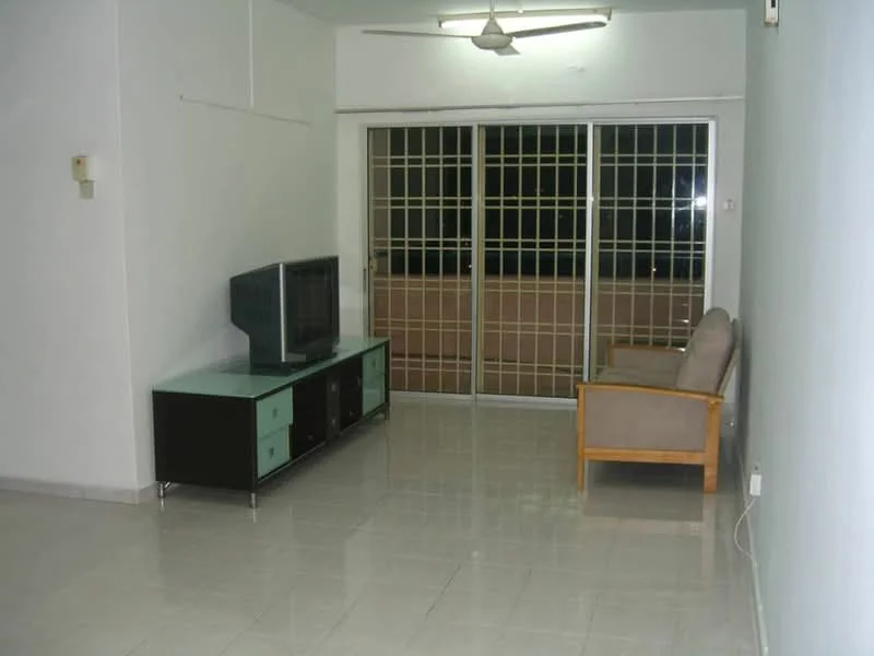Living features: ceramic tile flooring, white painted walls, 5-blade ceiling fan, sliding glass door, TV console with storage, television, sofa, window with metal grille.